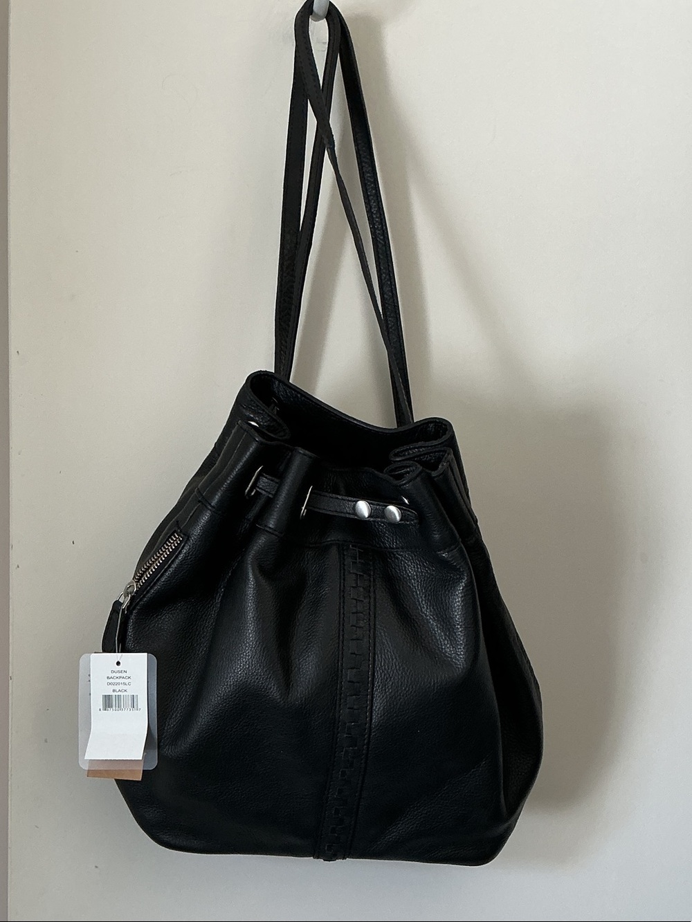 Black Drawstring Bucket Leather Backpack - Women